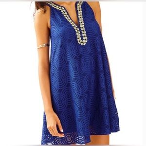 LILLY PULITZER Royal Blue ACHELLE Mystical Knot Lace Swing Dress Sz M Gold